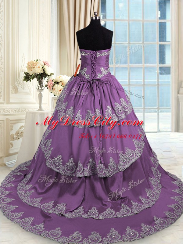 Traditional Sleeveless Lace Up With Train Beading and Appliques and Ruffled Layers Quinceanera Dress