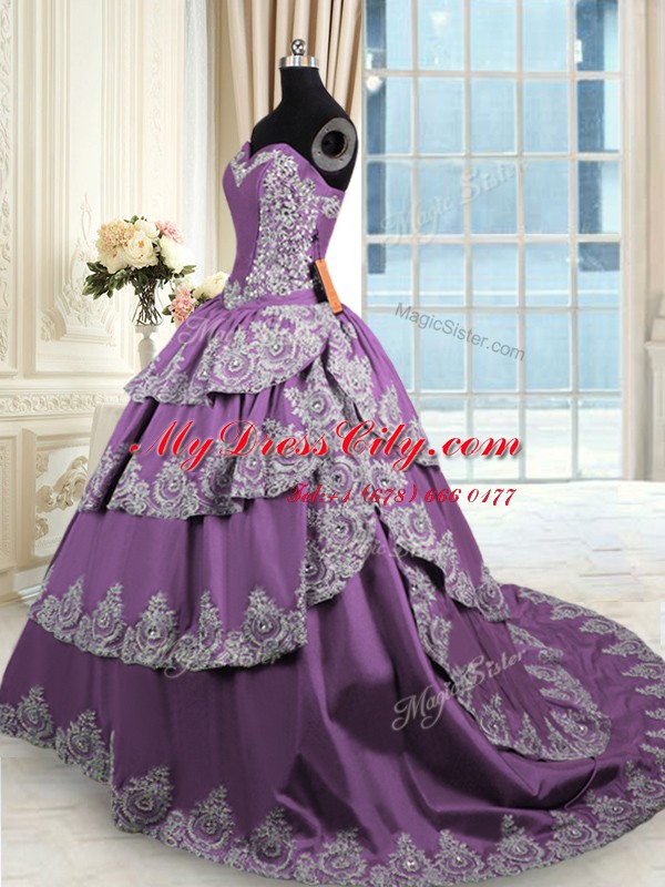 Traditional Sleeveless Lace Up With Train Beading and Appliques and Ruffled Layers Quinceanera Dress