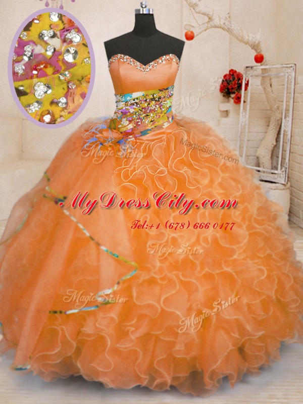 Orange Ball Gowns Sweetheart Sleeveless Organza Floor Length Lace Up Beading and Ruffles Quinceanera Dresses