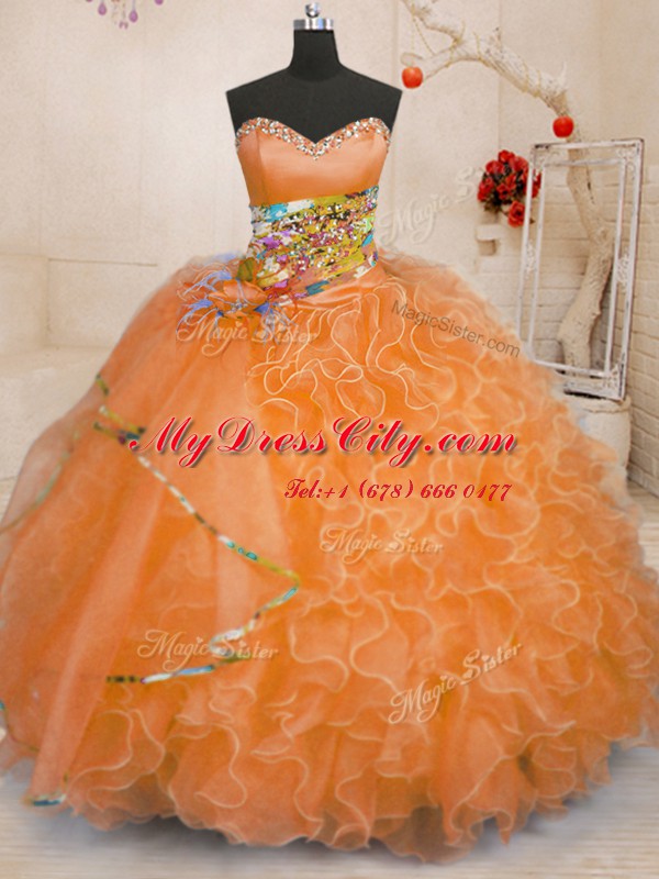 Orange Ball Gowns Sweetheart Sleeveless Organza Floor Length Lace Up Beading and Ruffles Quinceanera Dresses