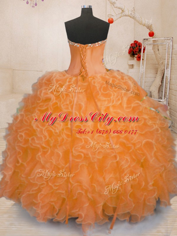 Orange Ball Gowns Sweetheart Sleeveless Organza Floor Length Lace Up Beading and Ruffles Quinceanera Dresses