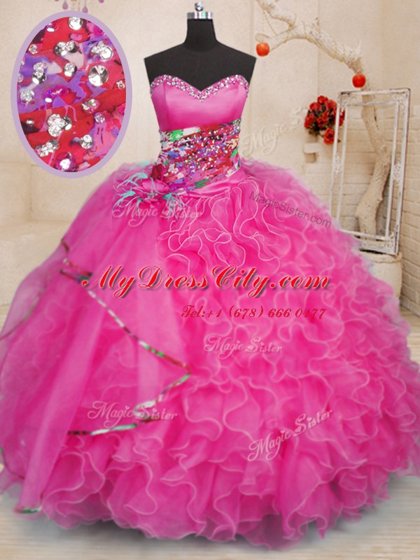 Hot Pink Organza Lace Up Sweetheart Sleeveless Floor Length Quinceanera Gowns Beading and Ruffles