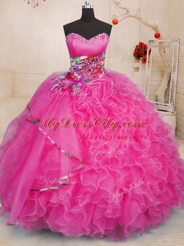 Hot Pink Organza Lace Up Sweetheart Sleeveless Floor Length Quinceanera Gowns Beading and Ruffles