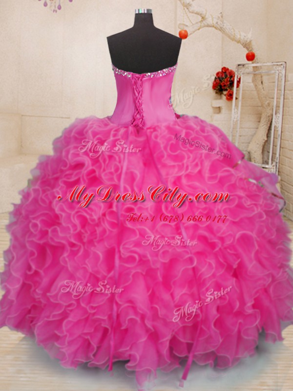 Hot Pink Organza Lace Up Sweetheart Sleeveless Floor Length Quinceanera Gowns Beading and Ruffles