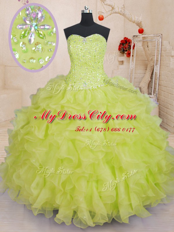 Modern Yellow Green Organza Lace Up Sweetheart Sleeveless Floor Length Quinceanera Dress Beading and Ruffles