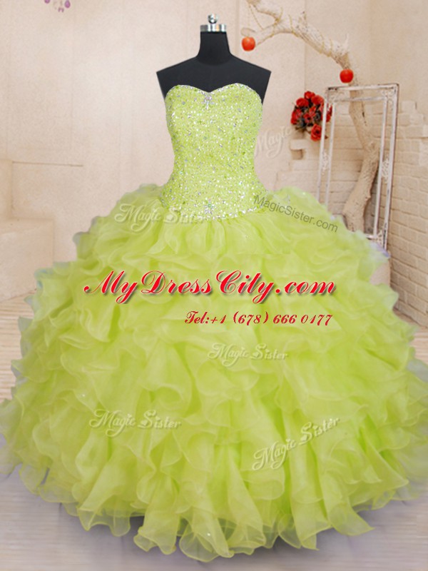 Modern Yellow Green Organza Lace Up Sweetheart Sleeveless Floor Length Quinceanera Dress Beading and Ruffles