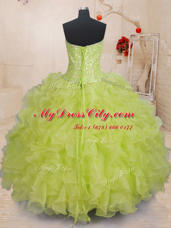 Modern Yellow Green Organza Lace Up Sweetheart Sleeveless Floor Length Quinceanera Dress Beading and Ruffles