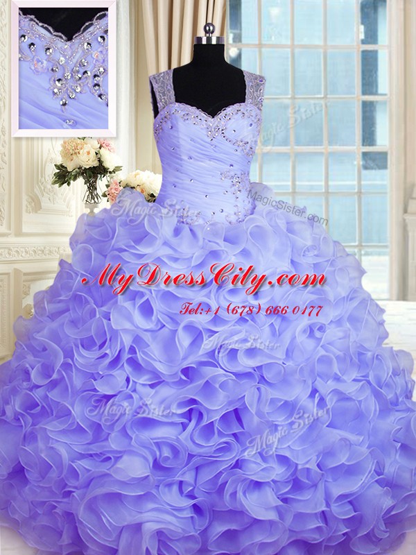 Lavender Sleeveless Floor Length Beading and Ruffles Zipper Sweet 16 Dresses