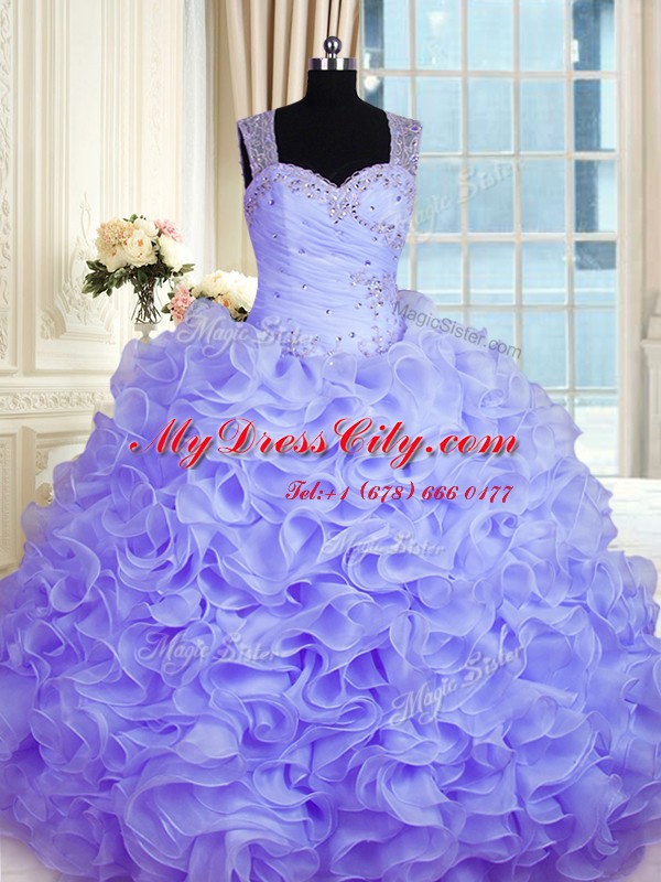 Lavender Sleeveless Floor Length Beading and Ruffles Zipper Sweet 16 Dresses