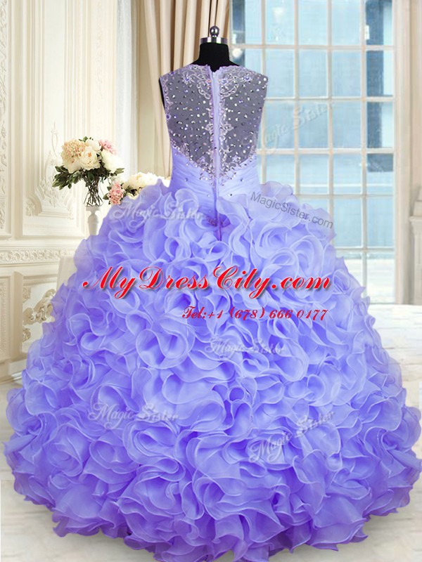 Lavender Sleeveless Floor Length Beading and Ruffles Zipper Sweet 16 Dresses