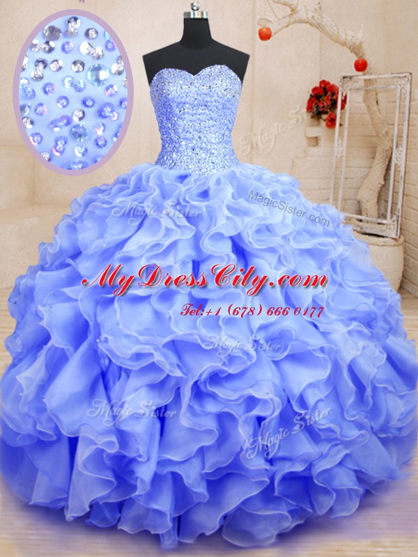 Lavender Organza Lace Up Sweetheart Sleeveless Floor Length Quinceanera Dress Beading and Ruffles