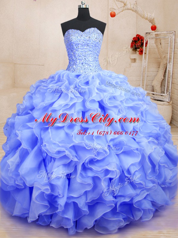 Lavender Organza Lace Up Sweetheart Sleeveless Floor Length Quinceanera Dress Beading and Ruffles