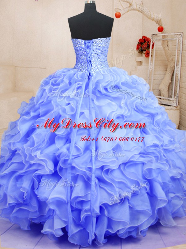 Lavender Organza Lace Up Sweetheart Sleeveless Floor Length Quinceanera Dress Beading and Ruffles