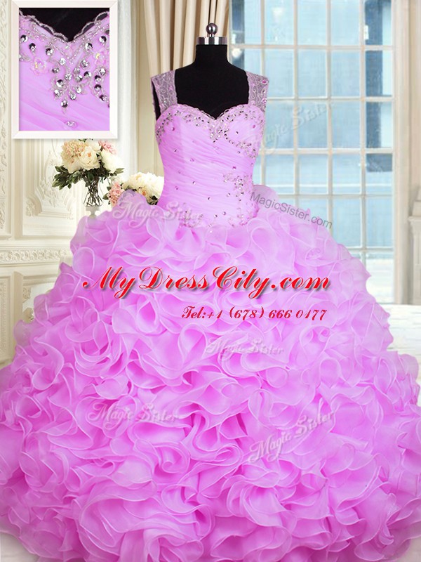 Elegant Floor Length Zipper Sweet 16 Dress Rose Pink for Military Ball and Sweet 16 and Quinceanera with Beading and Ruffles