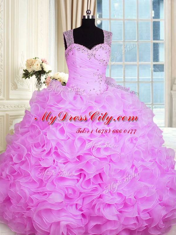 Elegant Floor Length Zipper Sweet 16 Dress Rose Pink for Military Ball and Sweet 16 and Quinceanera with Beading and Ruffles