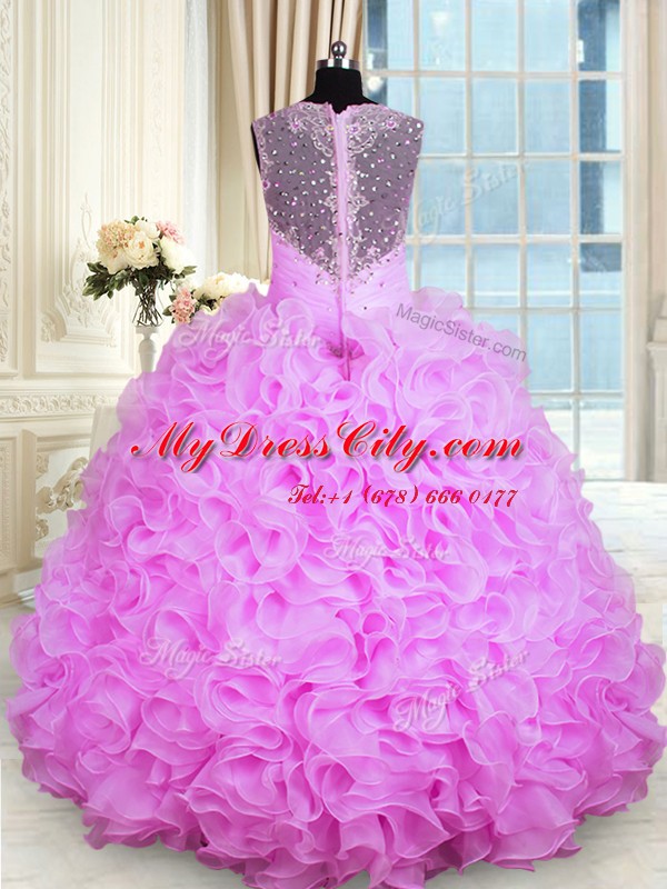 Elegant Floor Length Zipper Sweet 16 Dress Rose Pink for Military Ball and Sweet 16 and Quinceanera with Beading and Ruffles