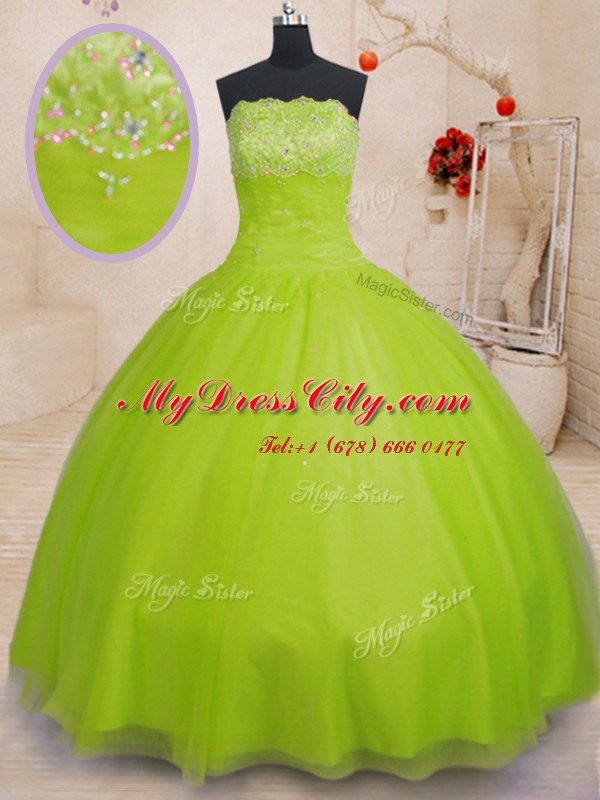 Fancy Floor Length Yellow Green Sweet 16 Dresses Strapless Sleeveless Lace Up