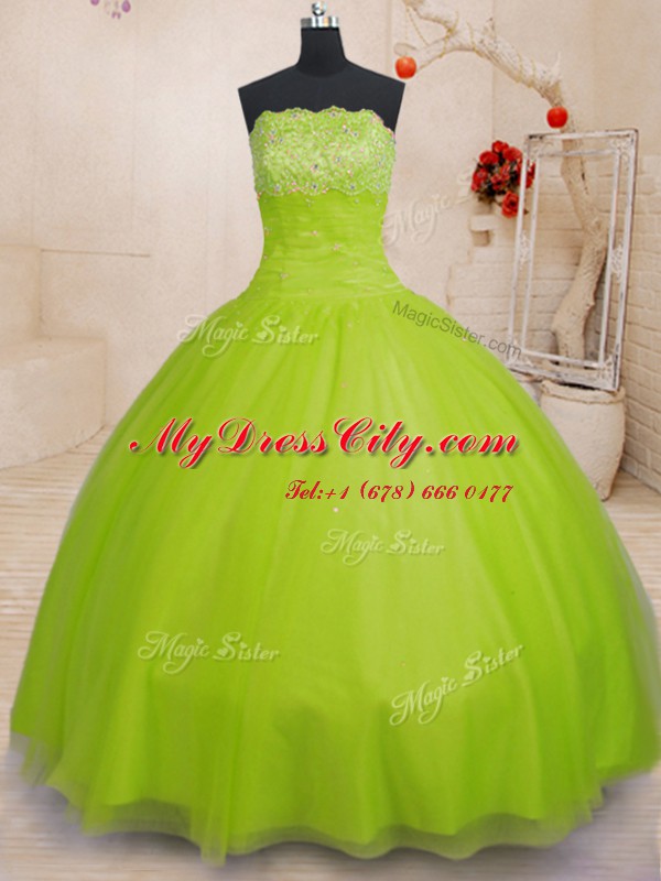 Fancy Floor Length Yellow Green Sweet 16 Dresses Strapless Sleeveless Lace Up