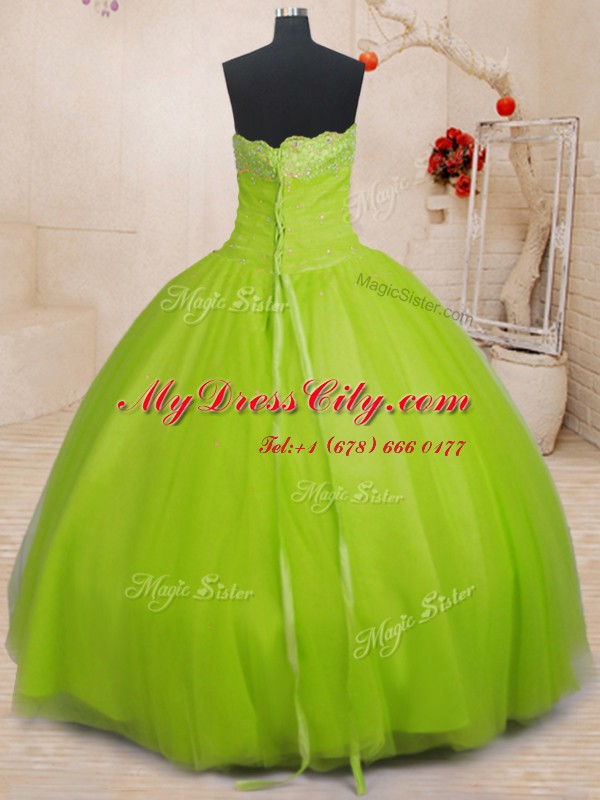 Fancy Floor Length Yellow Green Sweet 16 Dresses Strapless Sleeveless Lace Up