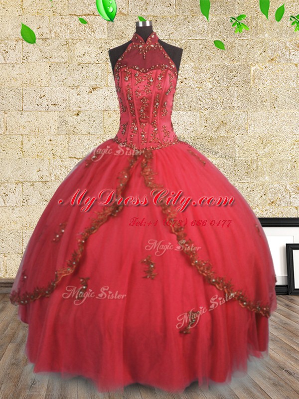 Customized Floor Length Red Quinceanera Dresses Halter Top Sleeveless Lace Up