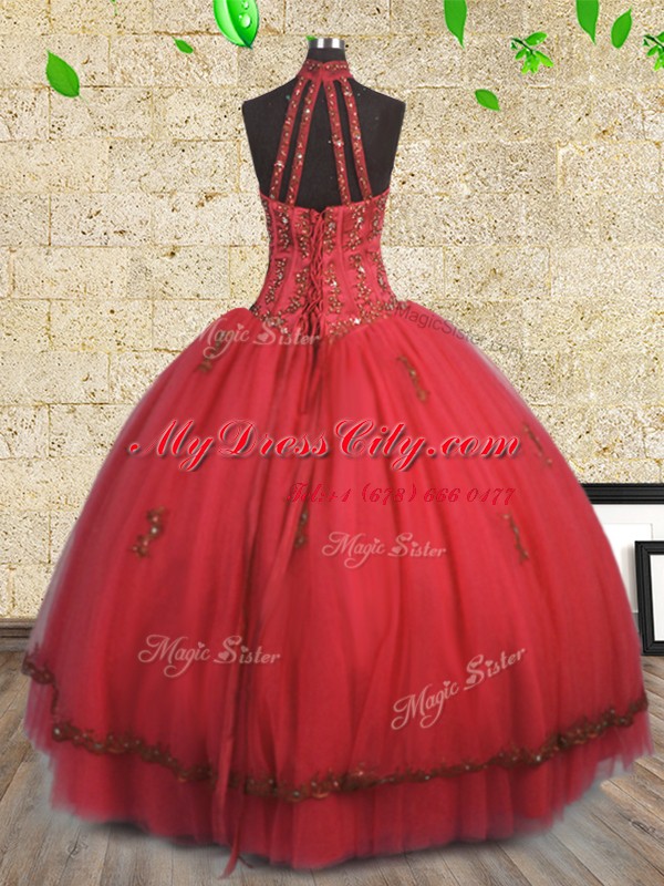 Customized Floor Length Red Quinceanera Dresses Halter Top Sleeveless Lace Up