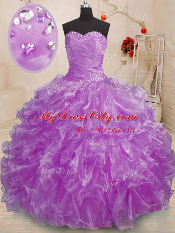 Eye-catching Purple Sweetheart Neckline Beading and Ruffles Sweet 16 Quinceanera Dress Sleeveless Lace Up