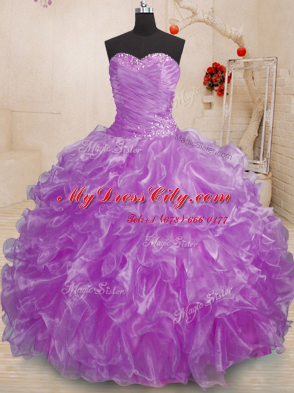 Eye-catching Purple Sweetheart Neckline Beading and Ruffles Sweet 16 Quinceanera Dress Sleeveless Lace Up