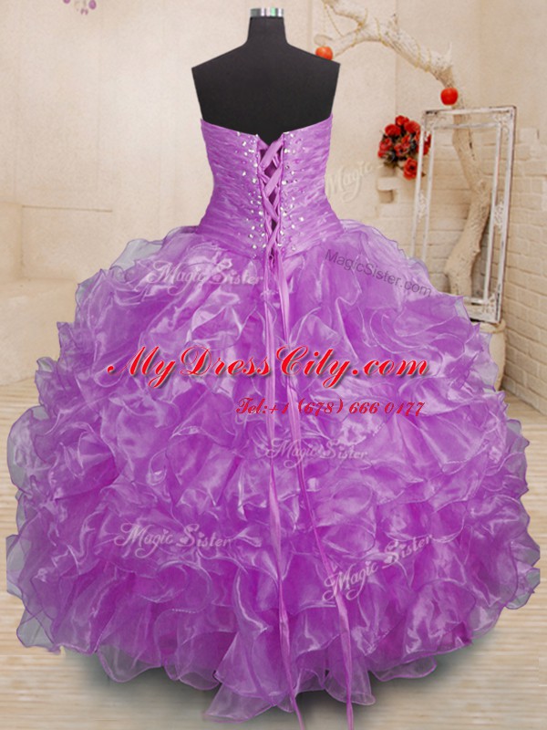 Eye-catching Purple Sweetheart Neckline Beading and Ruffles Sweet 16 Quinceanera Dress Sleeveless Lace Up