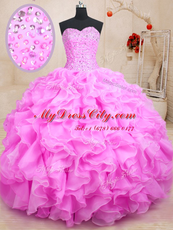 Luxurious Floor Length Ball Gowns Sleeveless Rose Pink Quinceanera Dress Lace Up