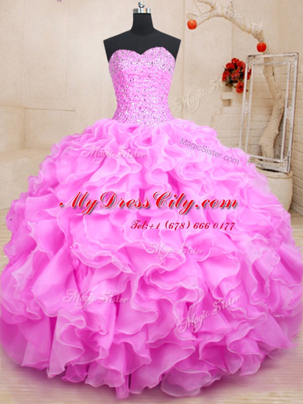 Luxurious Floor Length Ball Gowns Sleeveless Rose Pink Quinceanera Dress Lace Up