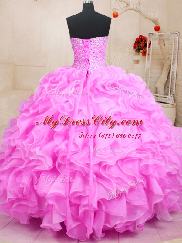 Luxurious Floor Length Ball Gowns Sleeveless Rose Pink Quinceanera Dress Lace Up