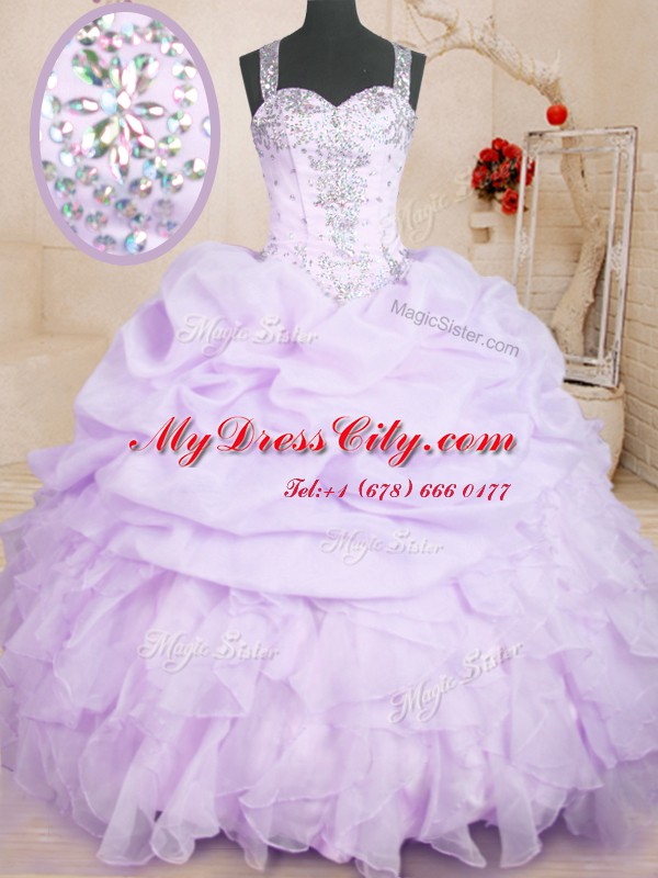 Lavender Straps Neckline Beading and Ruffles and Pick Ups Ball Gown Prom Dress Sleeveless Lace Up