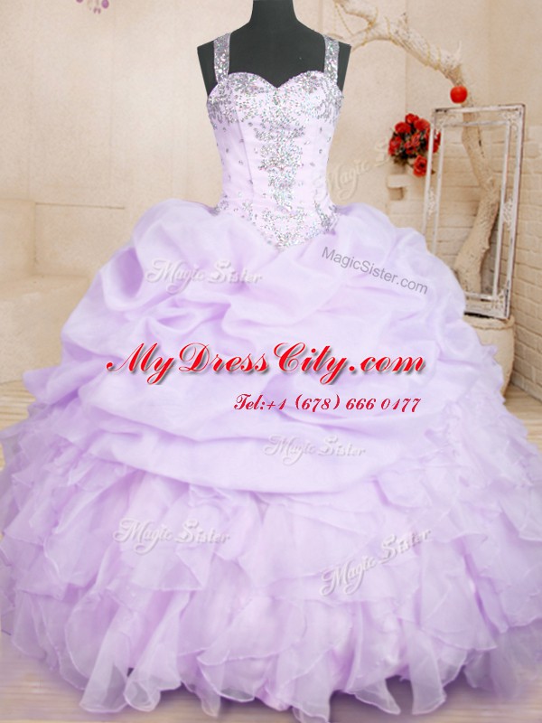 Lavender Straps Neckline Beading and Ruffles and Pick Ups Ball Gown Prom Dress Sleeveless Lace Up