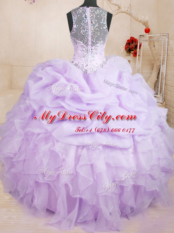 Lavender Straps Neckline Beading and Ruffles and Pick Ups Ball Gown Prom Dress Sleeveless Lace Up