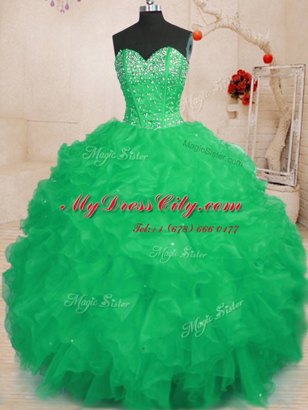 Turquoise Lace Up Sweet 16 Quinceanera Dress Beading and Ruffles Sleeveless Floor Length