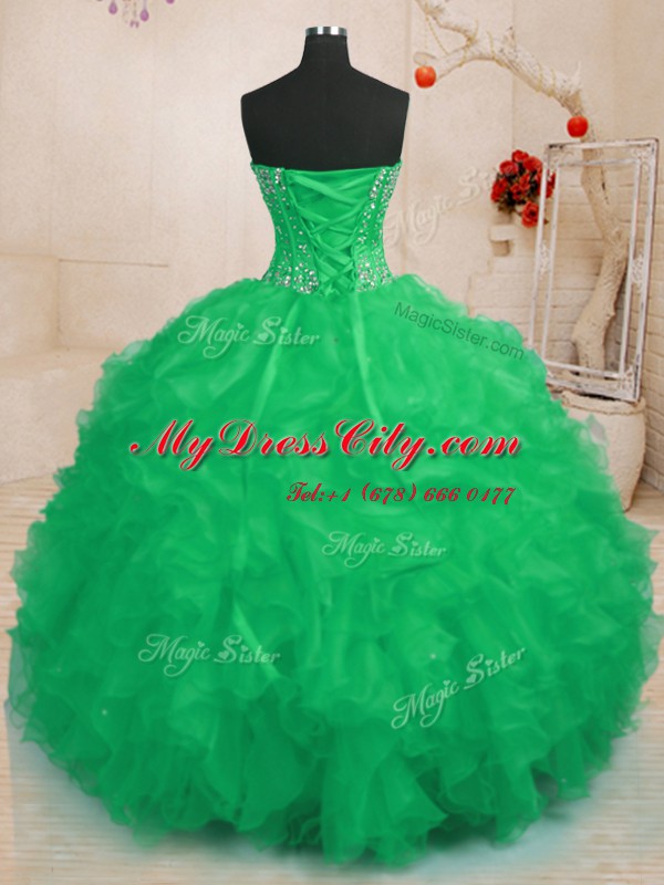 Turquoise Lace Up Sweet 16 Quinceanera Dress Beading and Ruffles Sleeveless Floor Length