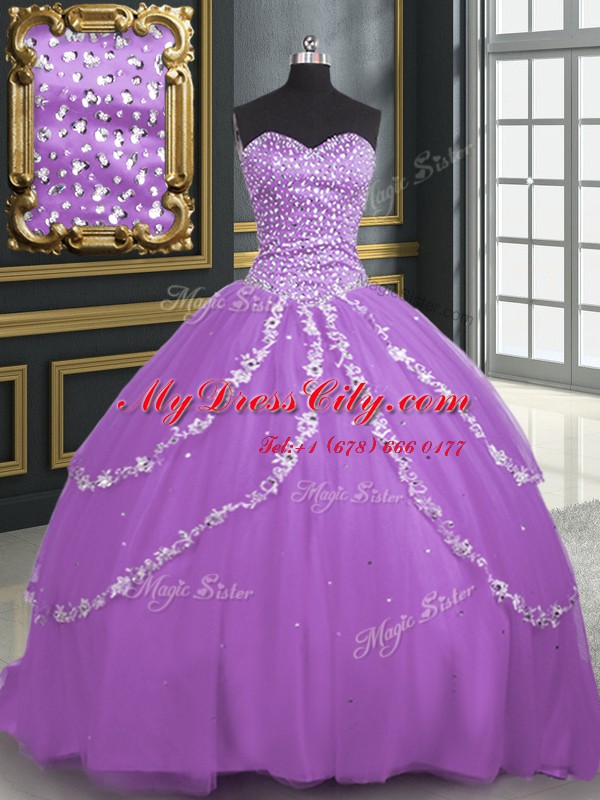 Sleeveless Tulle With Brush Train Lace Up Ball Gown Prom Dress in Lavender with Beading and Appliques