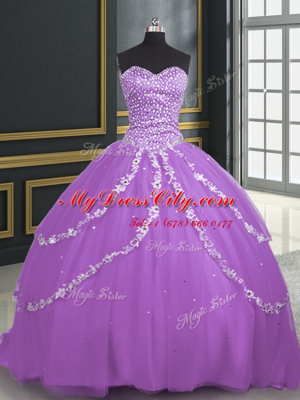 Sleeveless Tulle With Brush Train Lace Up Ball Gown Prom Dress in Lavender with Beading and Appliques