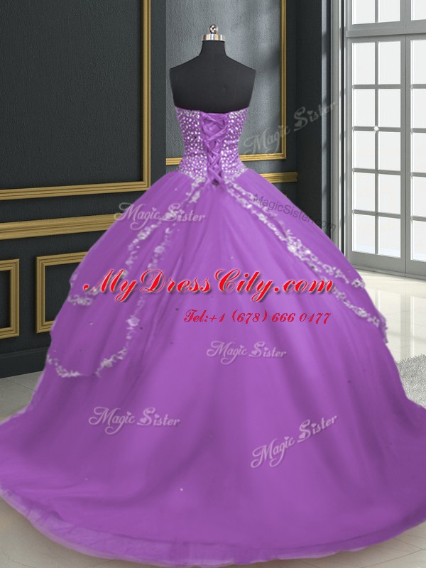 Sleeveless Tulle With Brush Train Lace Up Ball Gown Prom Dress in Lavender with Beading and Appliques