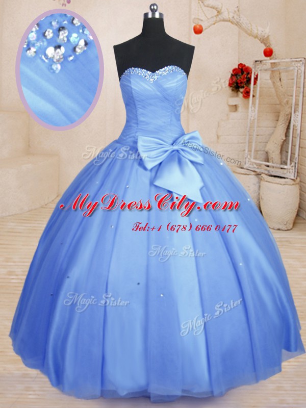 Latest Tulle Sleeveless Floor Length Vestidos de Quinceanera and Beading and Bowknot