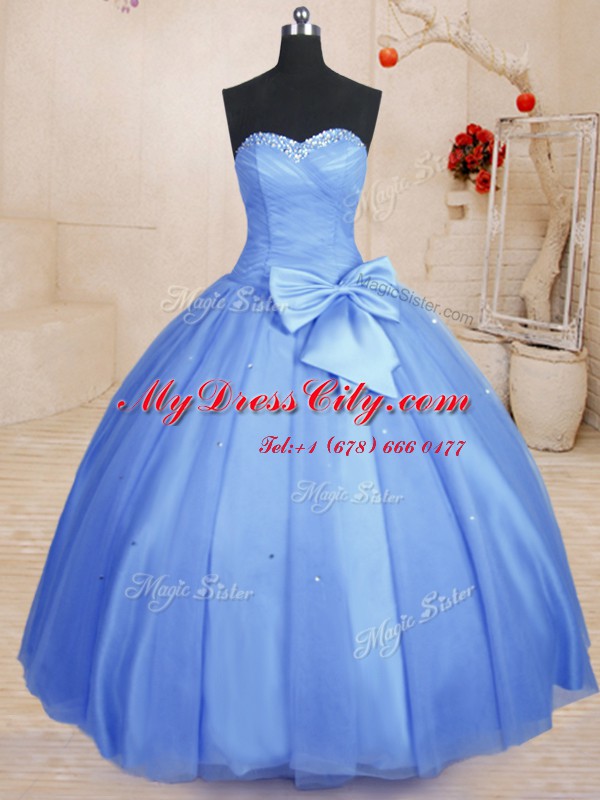 Latest Tulle Sleeveless Floor Length Vestidos de Quinceanera and Beading and Bowknot