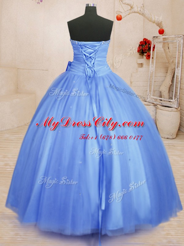 Latest Tulle Sleeveless Floor Length Vestidos de Quinceanera and Beading and Bowknot