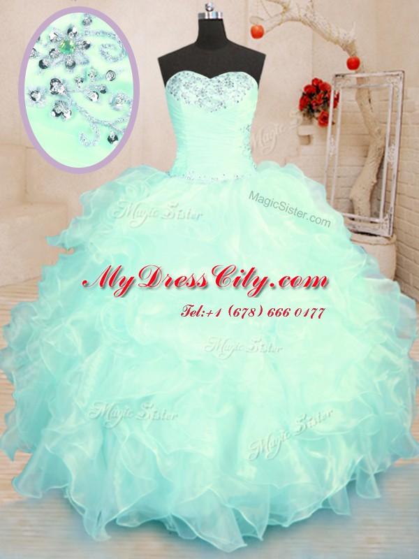 Turquoise and Apple Green Sleeveless Floor Length Beading and Ruffles Lace Up Quinceanera Dresses