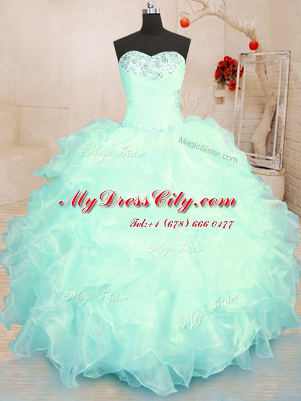 Turquoise and Apple Green Sleeveless Floor Length Beading and Ruffles Lace Up Quinceanera Dresses