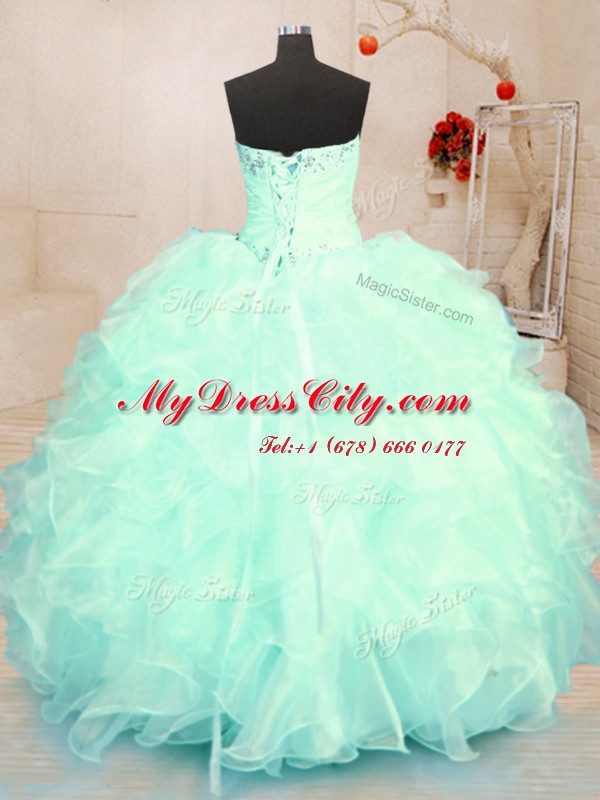 Turquoise and Apple Green Sleeveless Floor Length Beading and Ruffles Lace Up Quinceanera Dresses