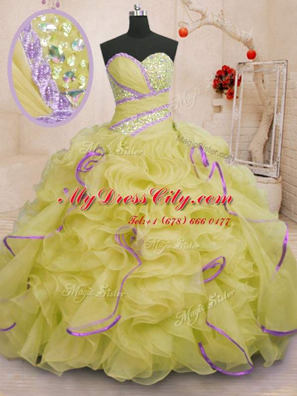 Vintage Yellow Sleeveless Brush Train Beading and Ruffles With Train 15 Quinceanera Dress