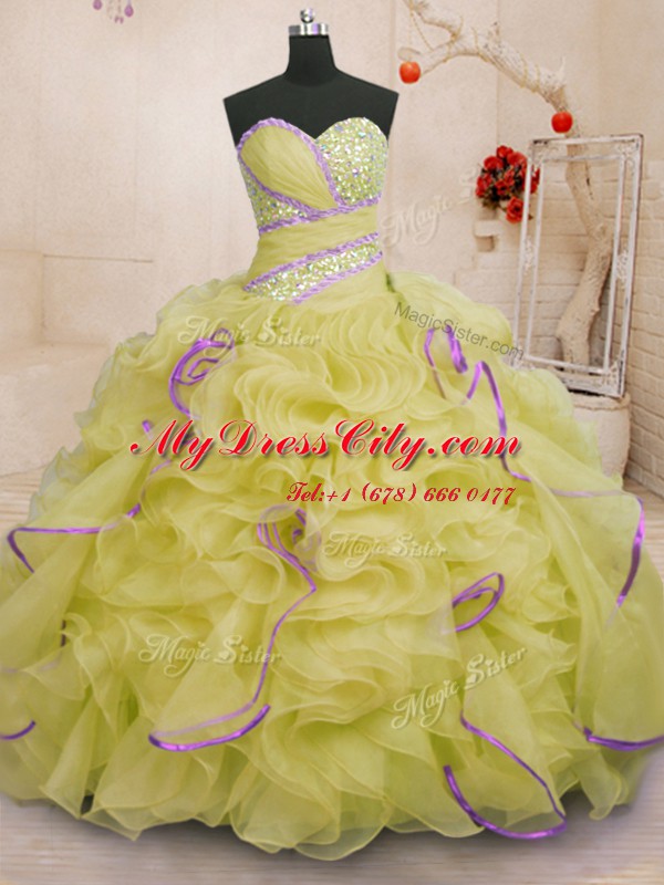 Vintage Yellow Sleeveless Brush Train Beading and Ruffles With Train 15 Quinceanera Dress