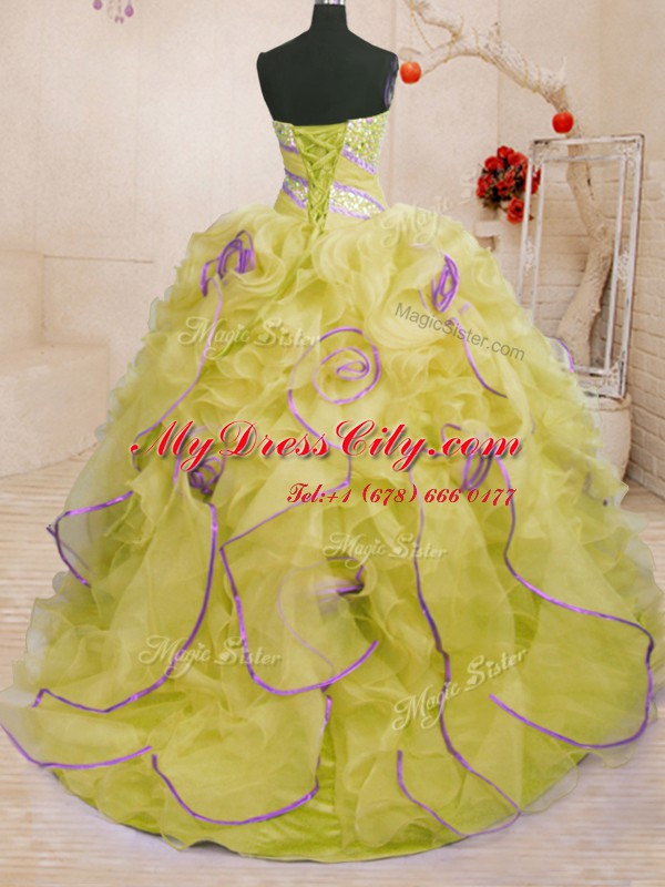 Vintage Yellow Sleeveless Brush Train Beading and Ruffles With Train 15 Quinceanera Dress