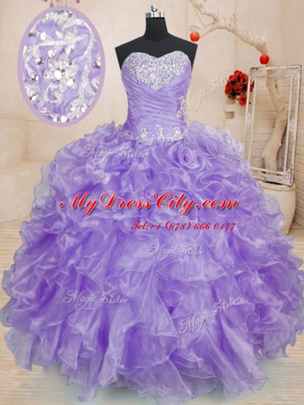 Inexpensive Sweetheart Sleeveless Organza Quince Ball Gowns Beading and Ruffles Lace Up