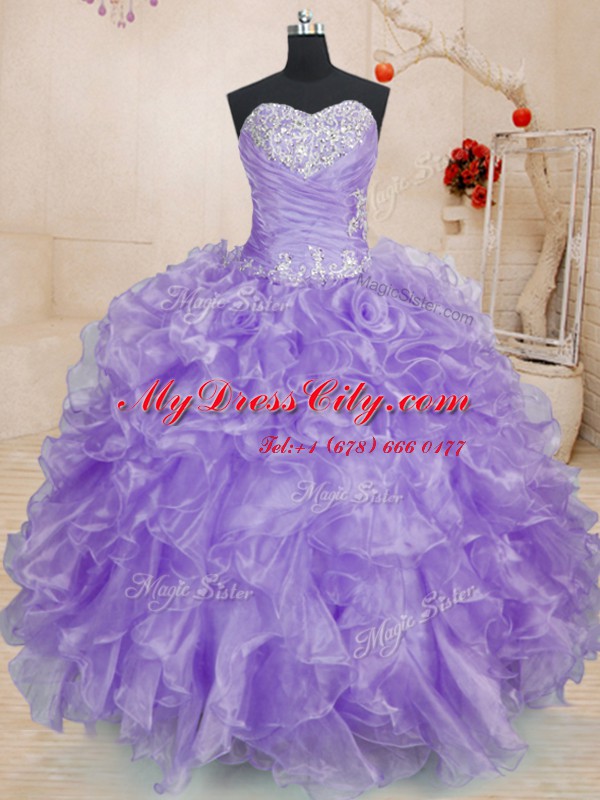 Inexpensive Sweetheart Sleeveless Organza Quince Ball Gowns Beading and Ruffles Lace Up